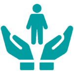 Stewardship icon in teal; two hands open with a person icon in the middle